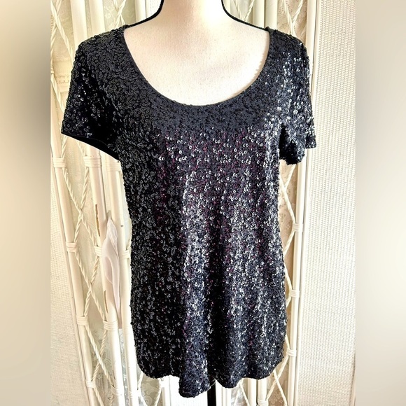 J.Crew Factory Top Black Sequin Short Sleeve Tee Sparkle Glitter size Large - Picture 2 of 16